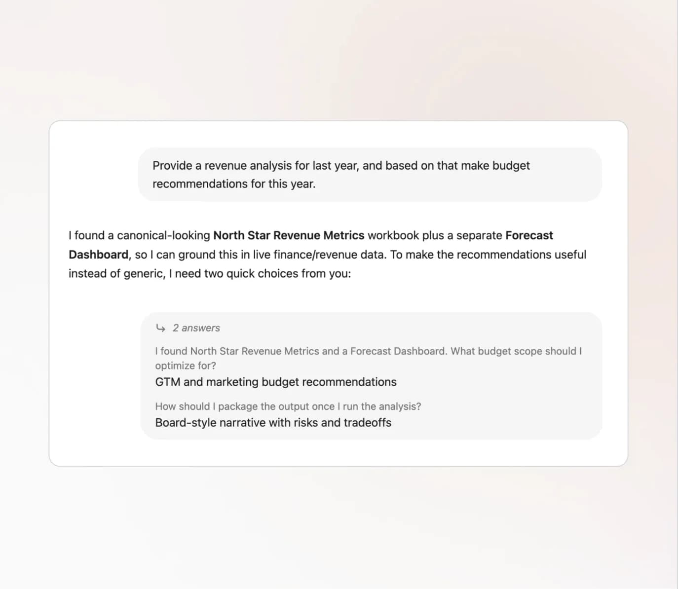 Fig Assistant grounding a revenue analysis in company data